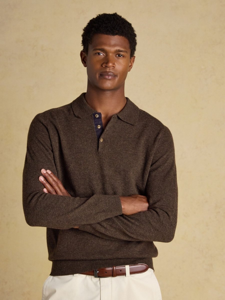 Sampson Lambswool Brown Long Sleeve Knitted Polo Shirt - RUTHERFORD & Co