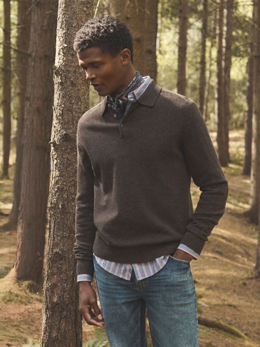 Sampson Lambswool Brown Long Sleeve Knitted Polo Shirt - RUTHERFORD & Co