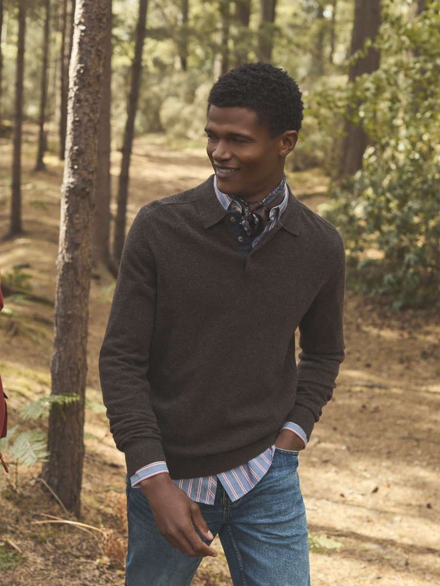 Sampson Lambswool Brown Long Sleeve Knitted Polo Shirt - RUTHERFORD & Co