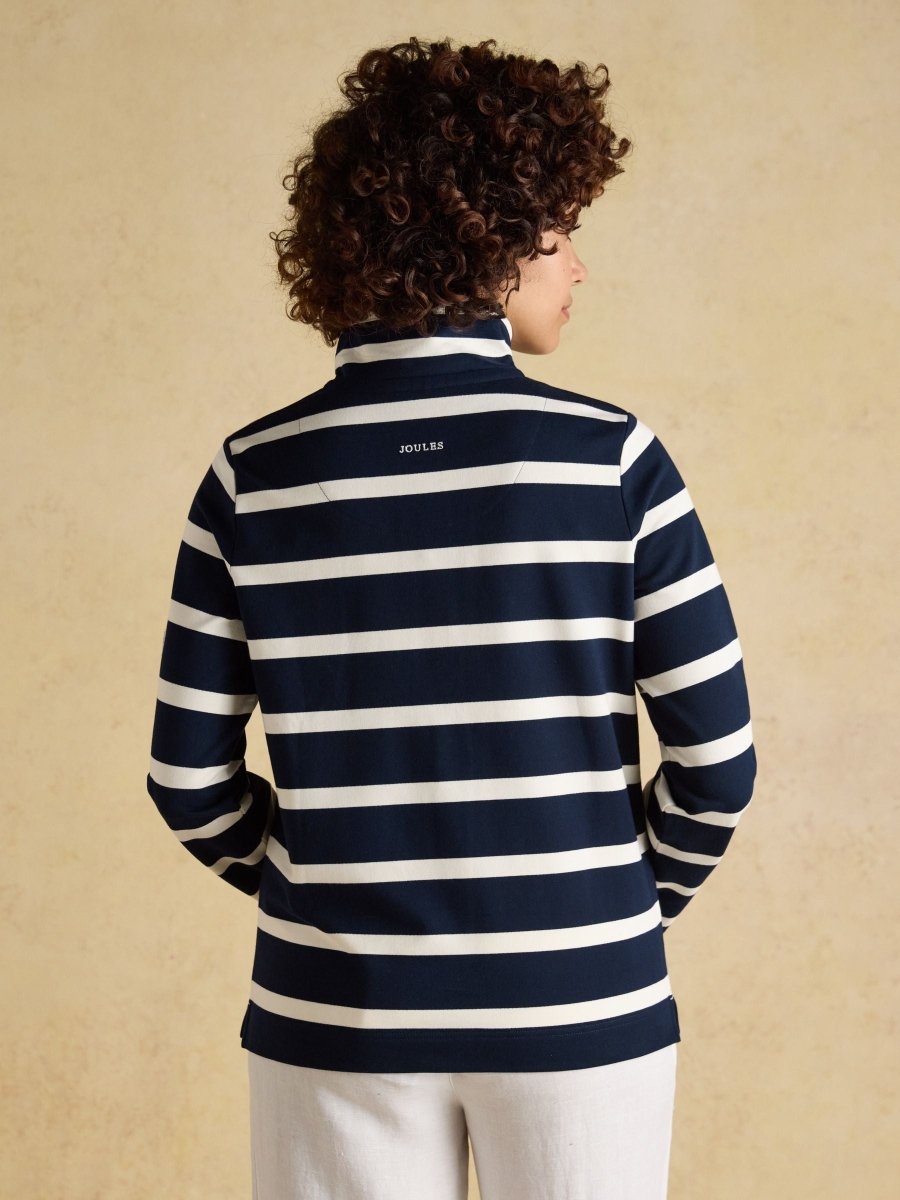 Saunton Navy & Cream Striped Cotton Blend Sweatshirt with Buttoned Funnel Neck - RUTHERFORD & Co