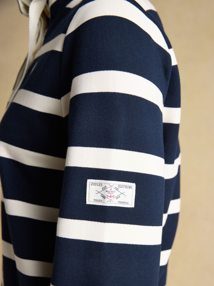 Saunton Navy & Cream Striped Cotton Blend Sweatshirt with Buttoned Funnel Neck - RUTHERFORD & Co