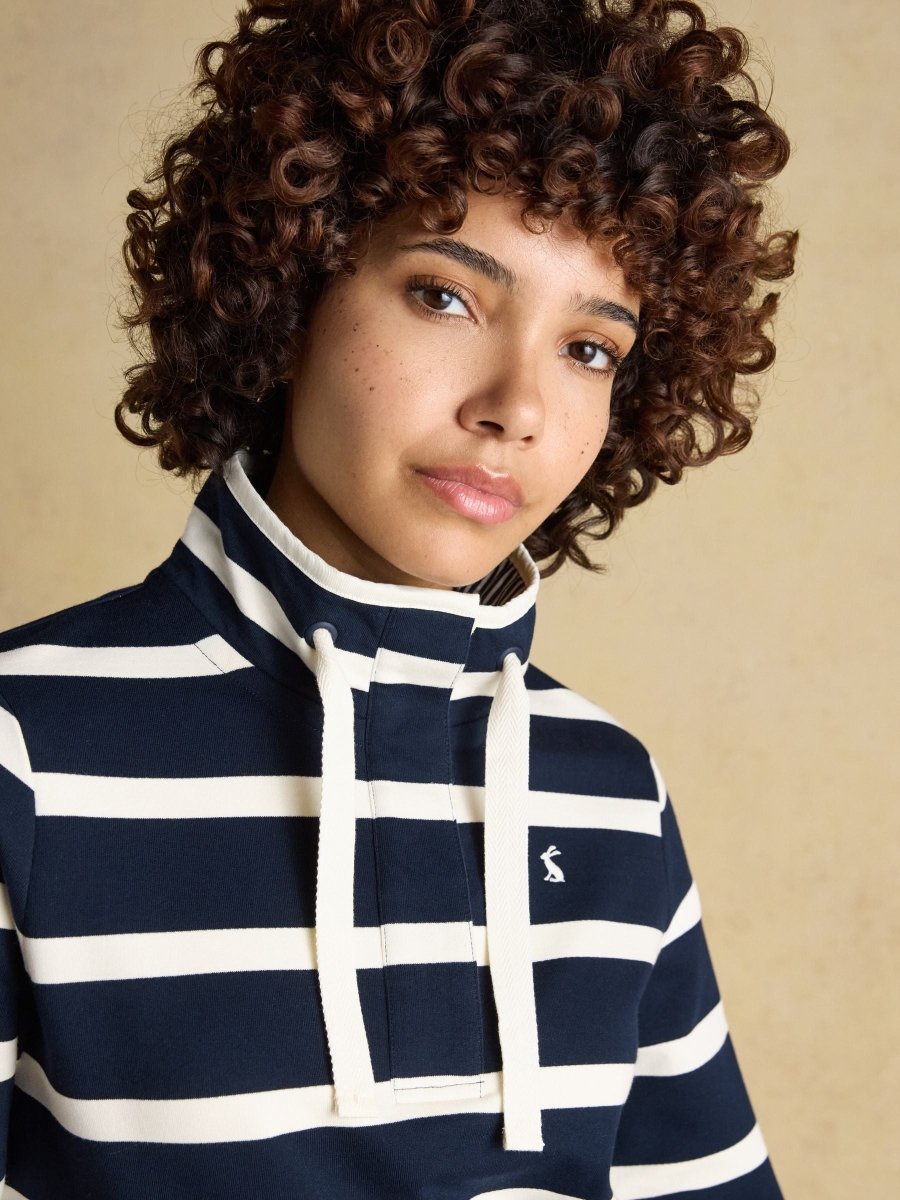 Saunton Navy & Cream Striped Cotton Blend Sweatshirt with Buttoned Funnel Neck - RUTHERFORD & Co