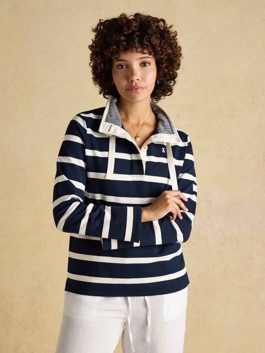 Saunton Navy & Cream Striped Cotton Blend Sweatshirt with Buttoned Funnel Neck - RUTHERFORD & Co
