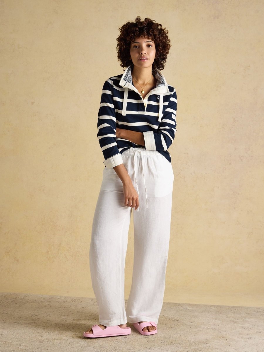 Saunton Navy & Cream Striped Cotton Blend Sweatshirt with Buttoned Funnel Neck - RUTHERFORD & Co