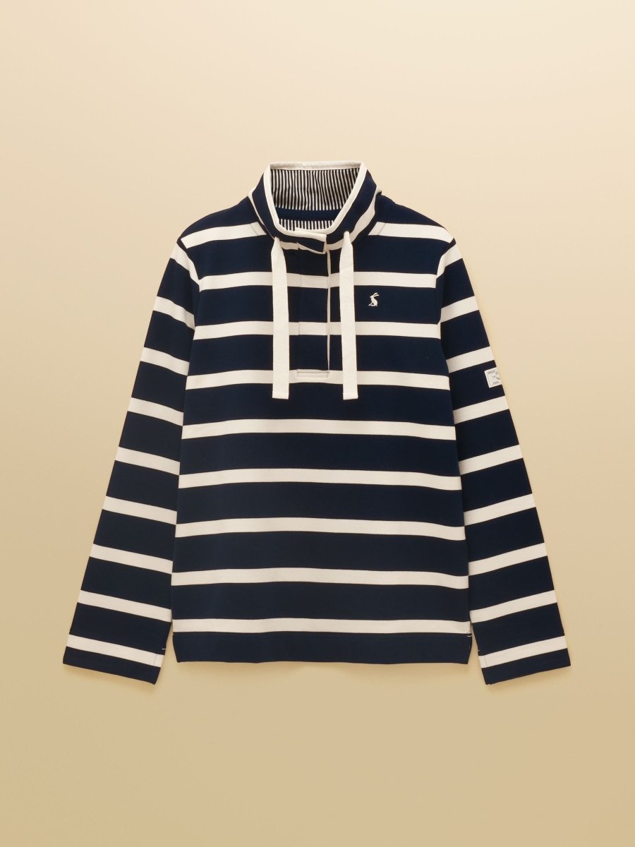 Saunton Navy & Cream Striped Cotton Blend Sweatshirt with Buttoned Funnel Neck - RUTHERFORD & Co