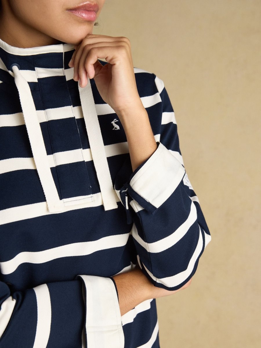 Saunton Navy & Cream Striped Cotton Blend Sweatshirt with Buttoned Funnel Neck - RUTHERFORD & Co