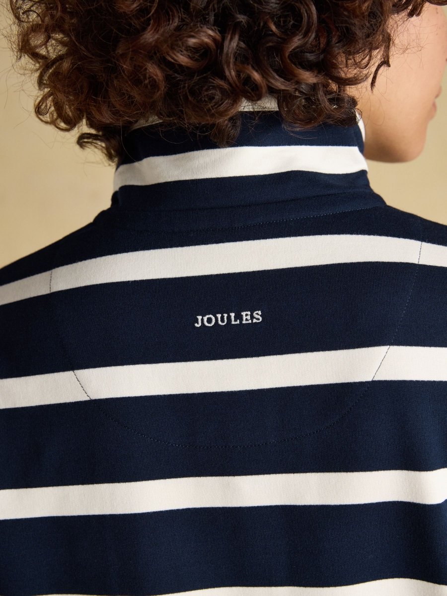 Saunton Navy & Cream Striped Cotton Blend Sweatshirt with Buttoned Funnel Neck - RUTHERFORD & Co