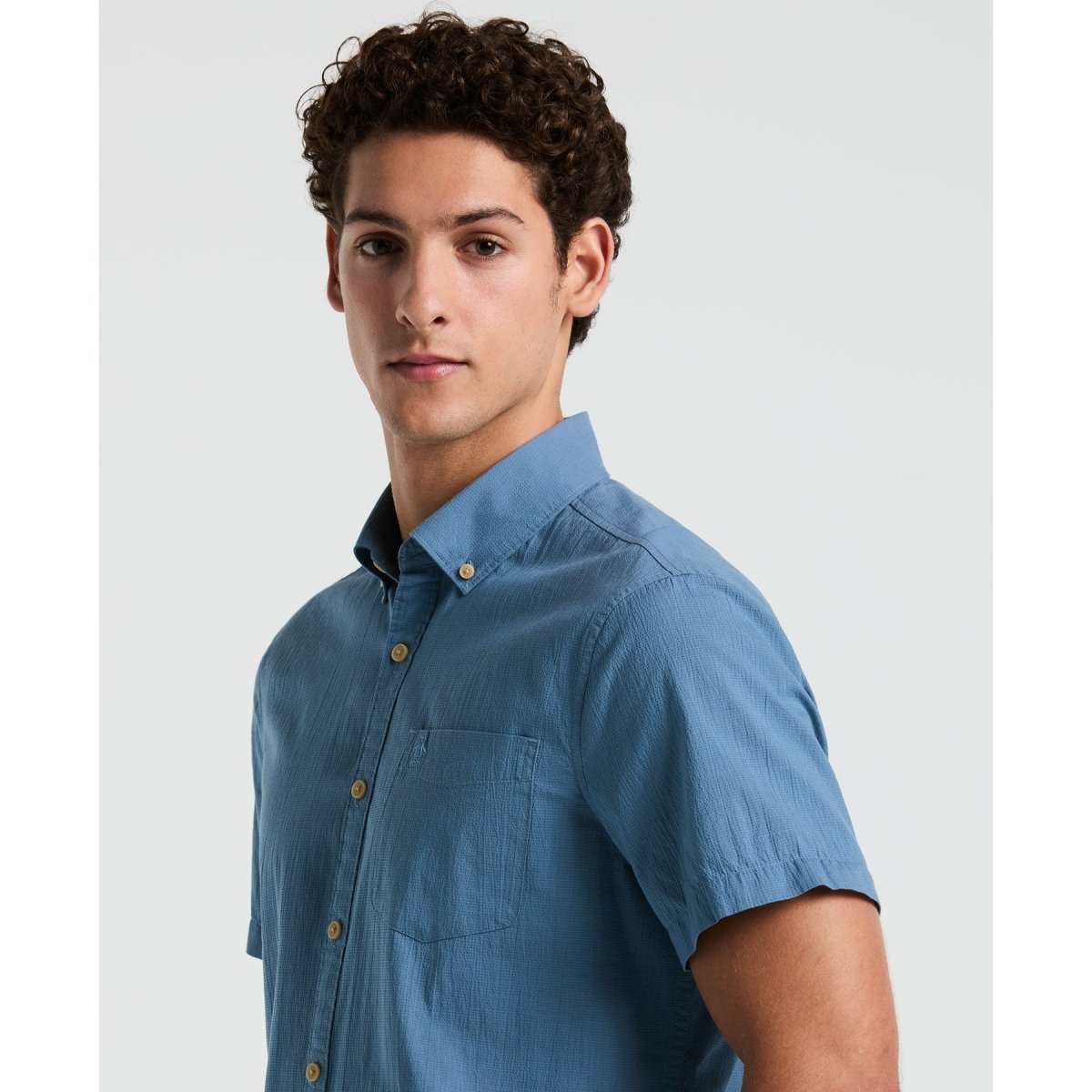 Seersucker Short Sleeve Shirt In Copen Blue - RUTHERFORD & Co