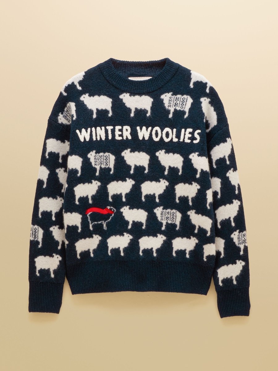 Sheep Icon Crew Neck Knitted Jumper - Navy - RUTHERFORD & Co