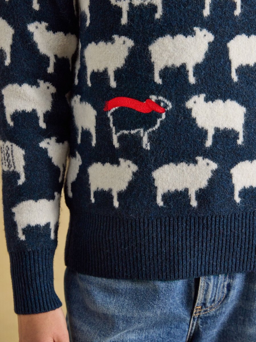 Sheep Icon Crew Neck Knitted Jumper - Navy - RUTHERFORD & Co