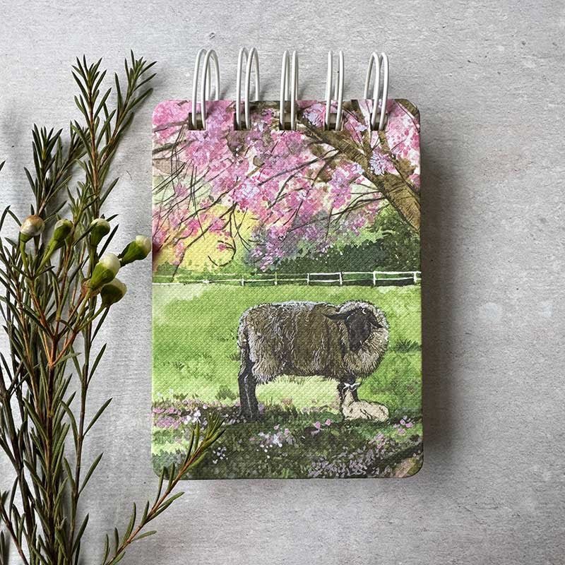 Sheep, Lamb and Cherry Blossom Small Spiral Notepad - RUTHERFORD & Co