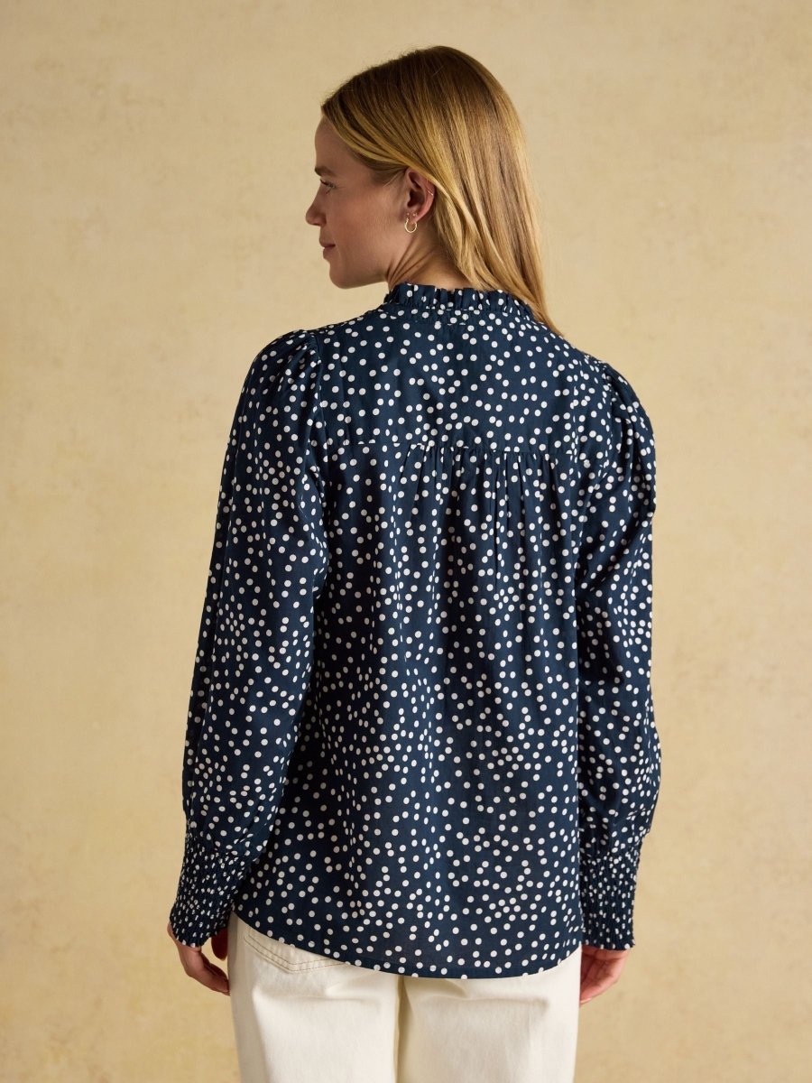 Silvia Navy Polka Dot 100% Cotton Long Sleeve Blouse With Frill Neck - RUTHERFORD & Co
