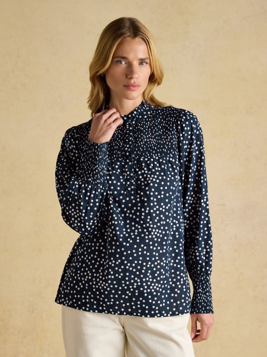 Silvia Navy Polka Dot 100% Cotton Long Sleeve Blouse With Frill Neck - RUTHERFORD & Co