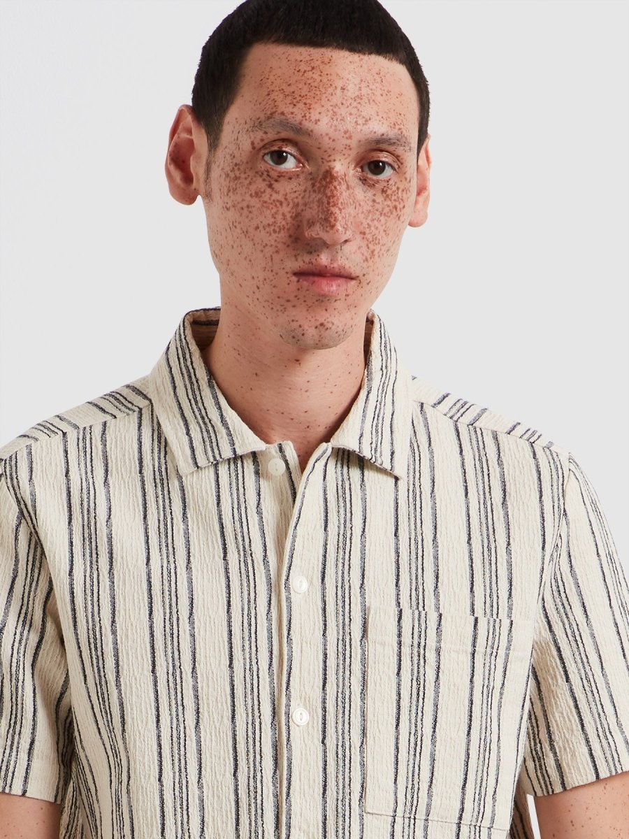 Simon Striped Short Sleeve Shirt In Ecru - RUTHERFORD & Co