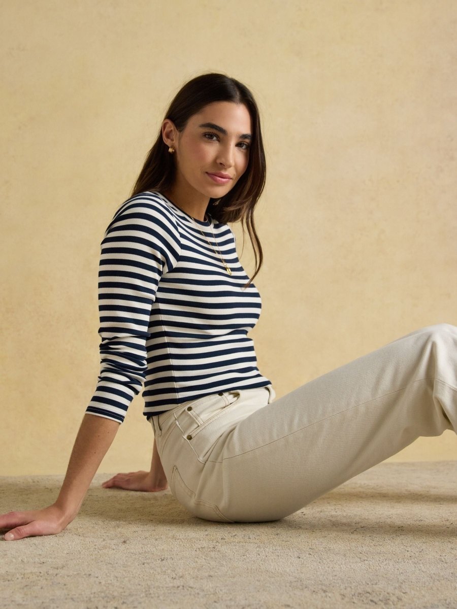 Sophie Navy Striped Long Sleeve Ribbed Fitted T-Shirt - RUTHERFORD & Co