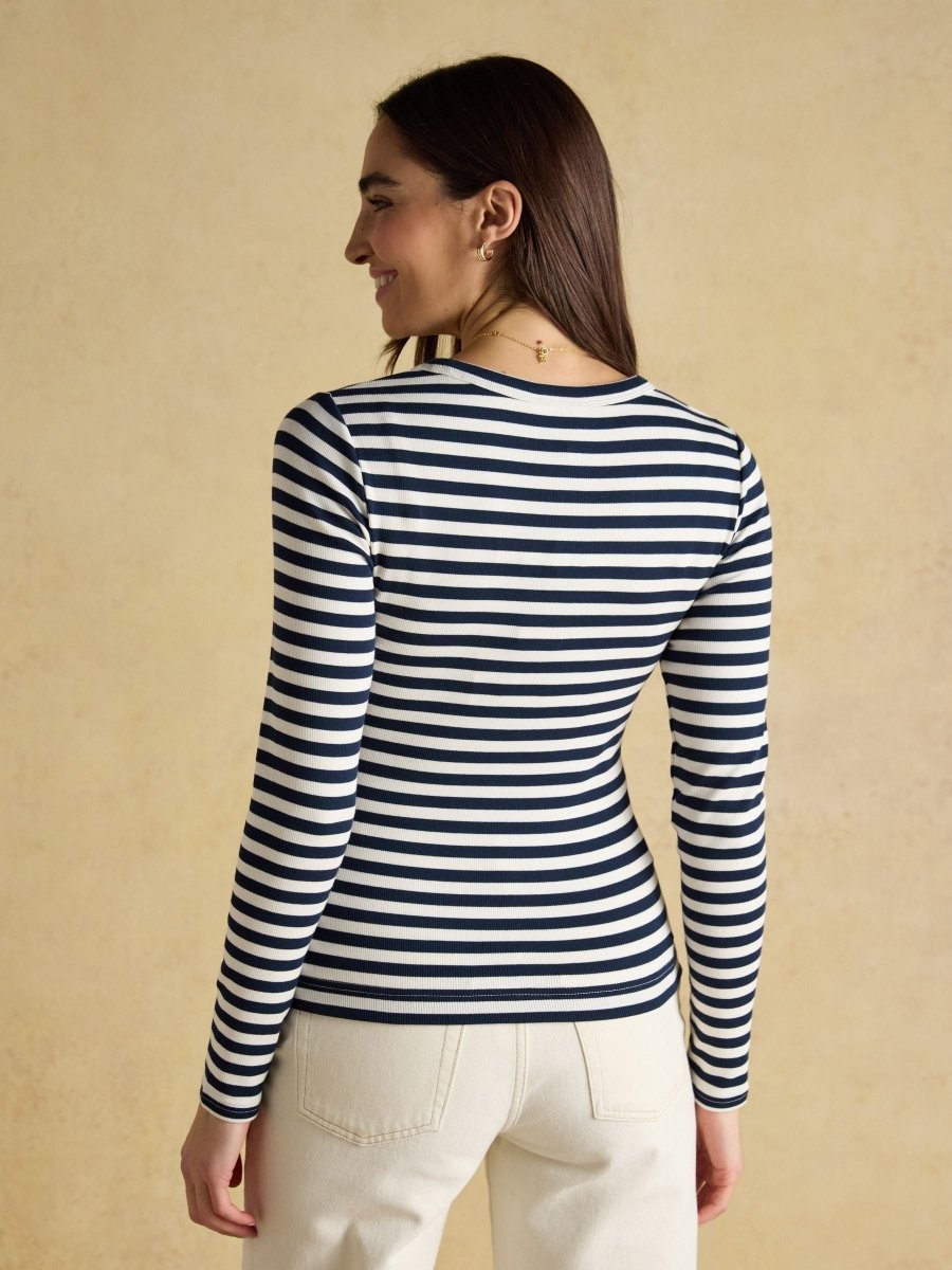 Sophie Navy Striped Long Sleeve Ribbed Fitted T-Shirt - RUTHERFORD & Co