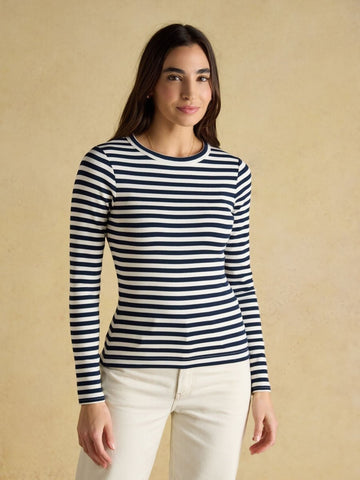 Sophie Navy Striped Long Sleeve Ribbed Fitted T-Shirt - RUTHERFORD & Co