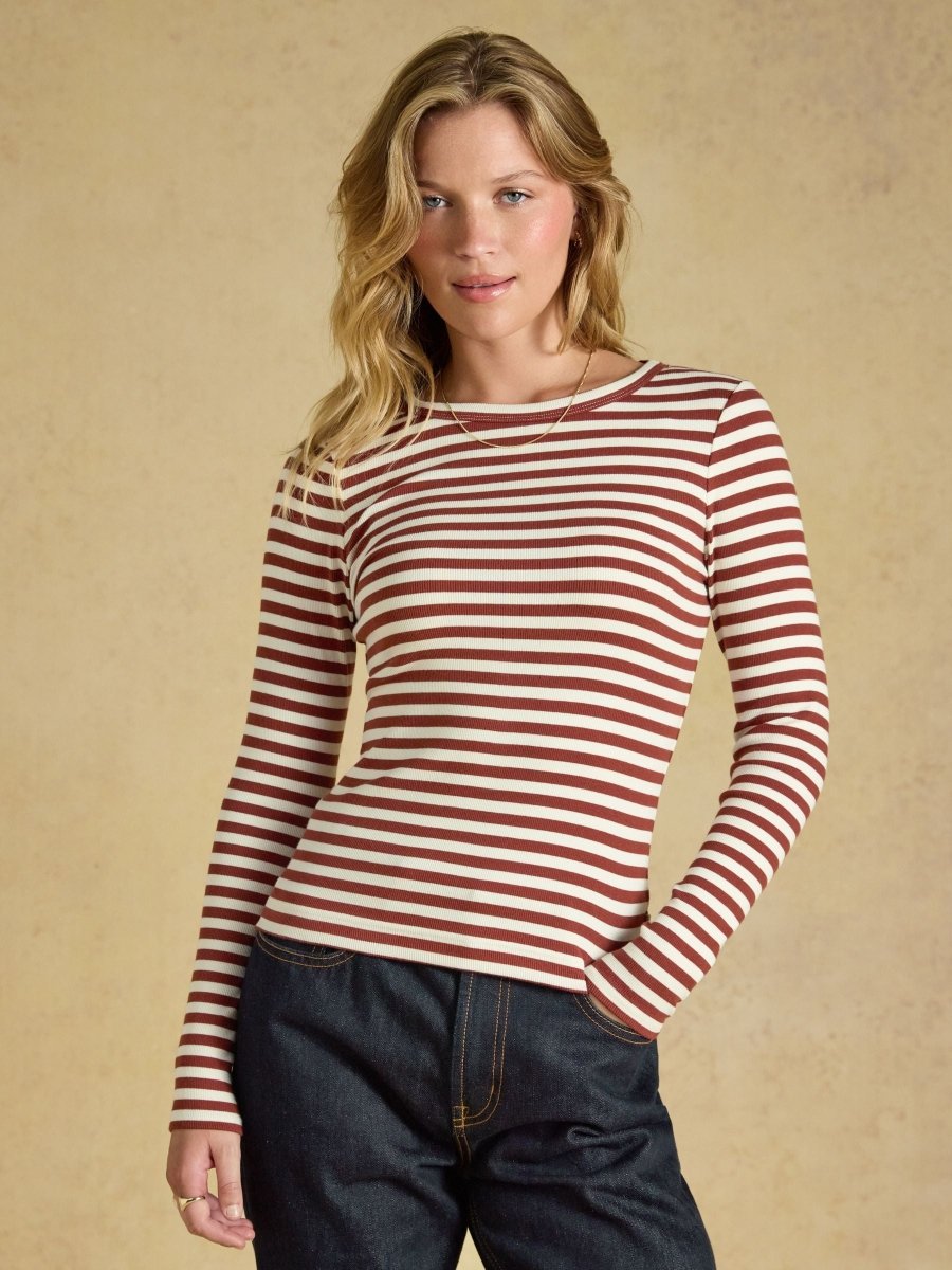 Sophie Russet Striped Long Sleeve Ribbed Fitted T-Shirt - RUTHERFORD & Co