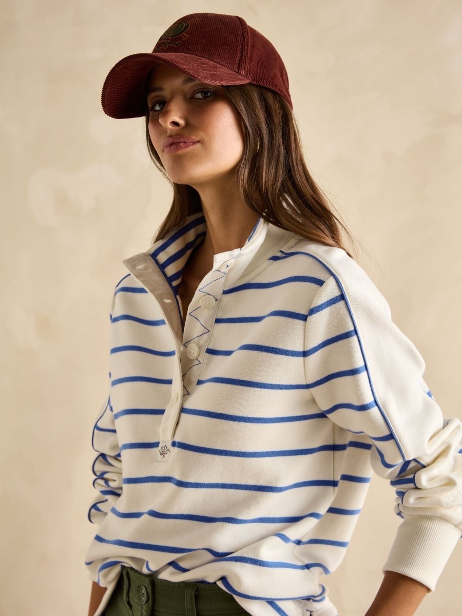 Southwold Cream/Blue Button Down Striped Sweatshirt - RUTHERFORD & Co
