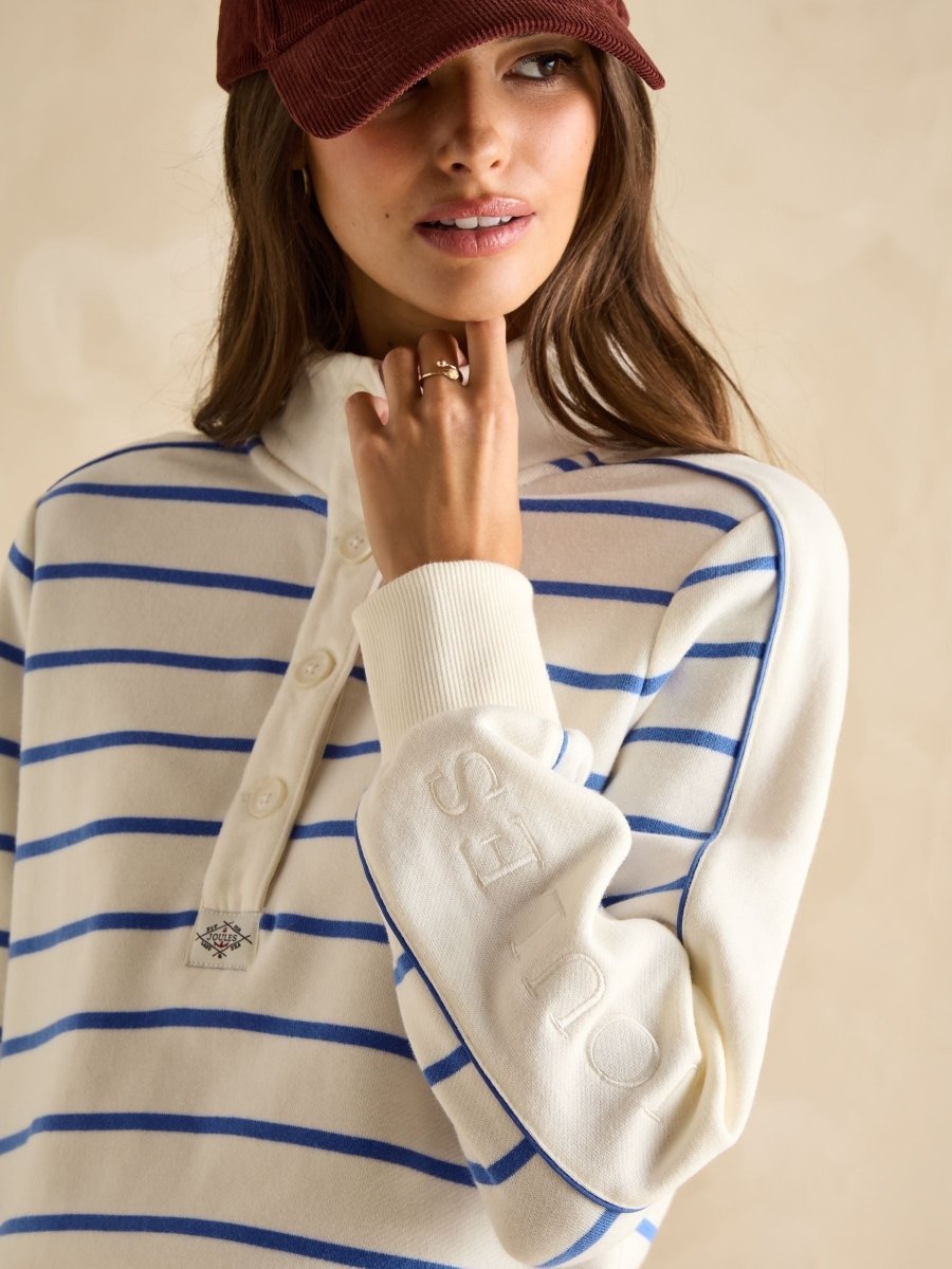 Southwold Cream/Blue Button Down Striped Sweatshirt - RUTHERFORD & Co