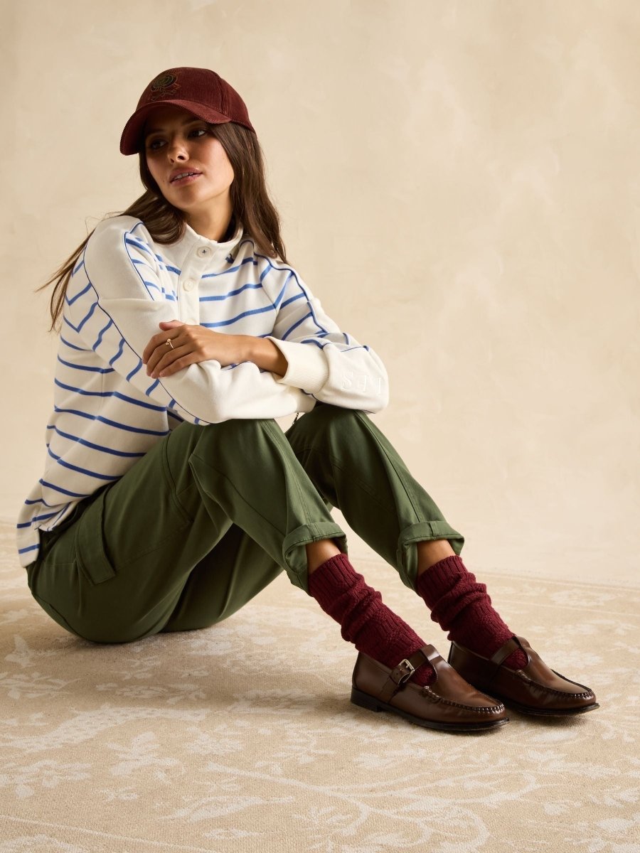 Southwold Cream/Blue Button Down Striped Sweatshirt - RUTHERFORD & Co