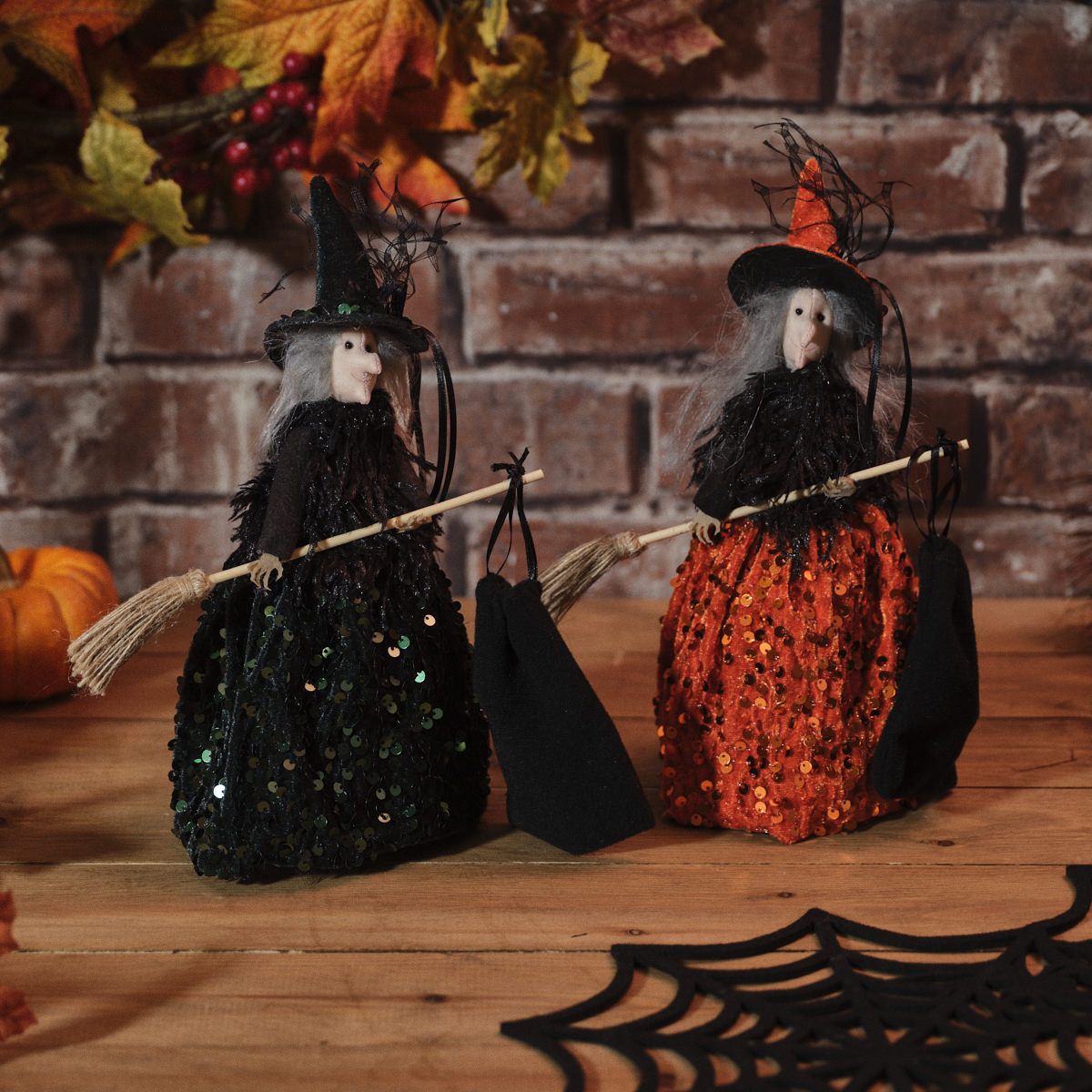 Spooktacular Sequin Orange and Black Standing Witch with Broom and Bag - RUTHERFORD & Co
