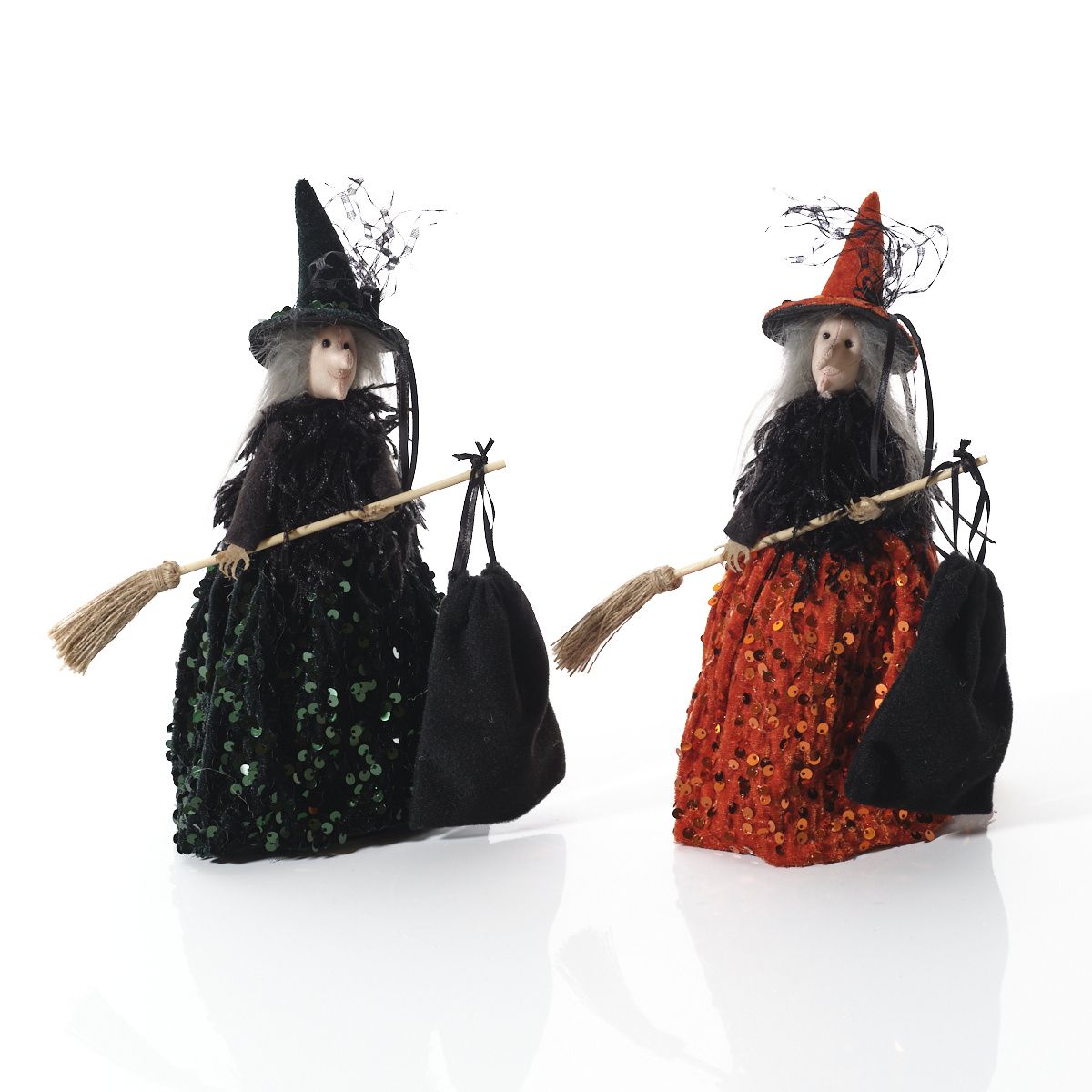 Spooktacular Sequin Orange and Black Standing Witch with Broom and Bag - RUTHERFORD & Co