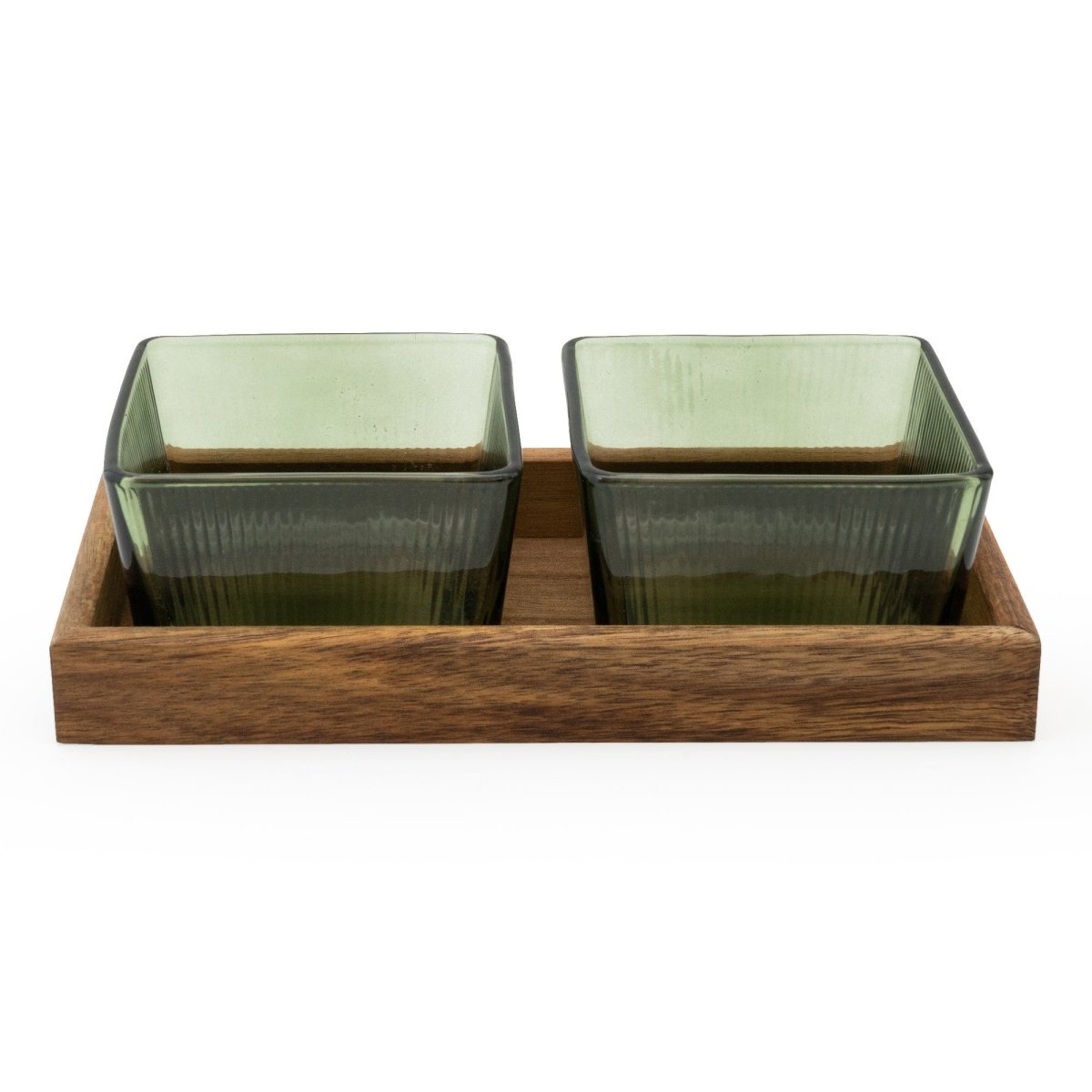Square Glass Bowls on Acacia Wood - Green - RUTHERFORD & Co