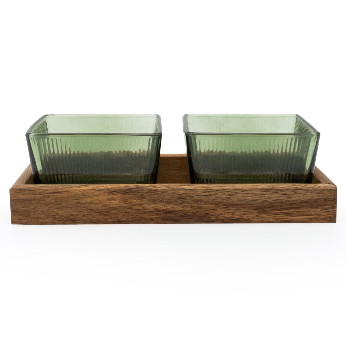 Square Glass Bowls on Acacia Wood - Green - RUTHERFORD & Co