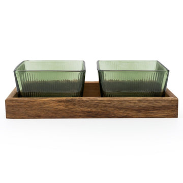 Square Glass Bowls on Acacia Wood - Green - RUTHERFORD & Co