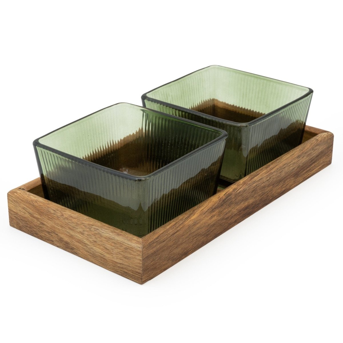 Square Glass Bowls on Acacia Wood - Green - RUTHERFORD & Co