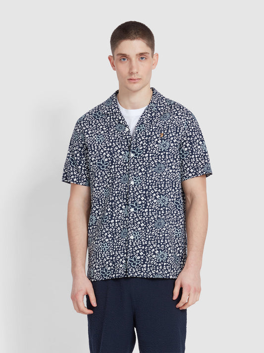 Landon Short Sleeve Floral Print Shirt In True Navy