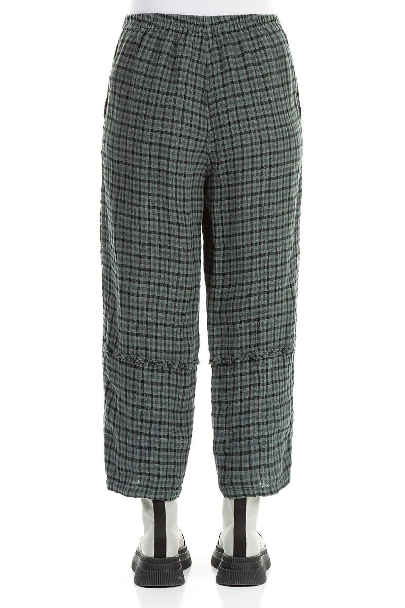 Straight Back Seam Sage Heritage Check Linen Trousers - RUTHERFORD & Co