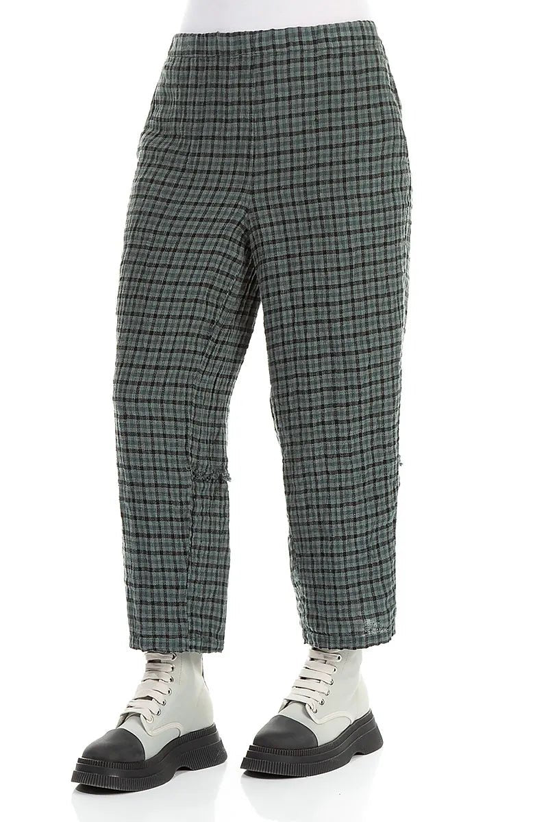 Straight Back Seam Sage Heritage Check Linen Trousers - RUTHERFORD & Co