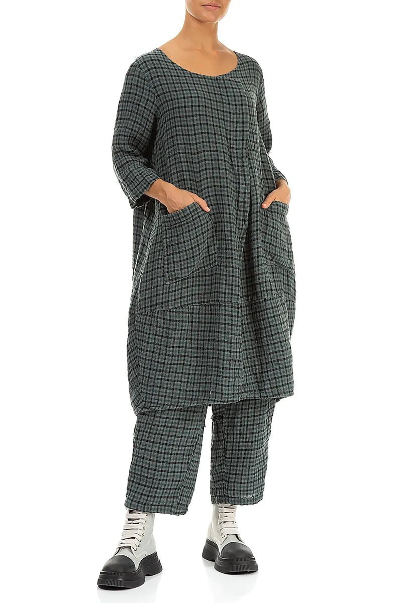 Straight Back Seam Sage Heritage Check Linen Trousers - RUTHERFORD & Co