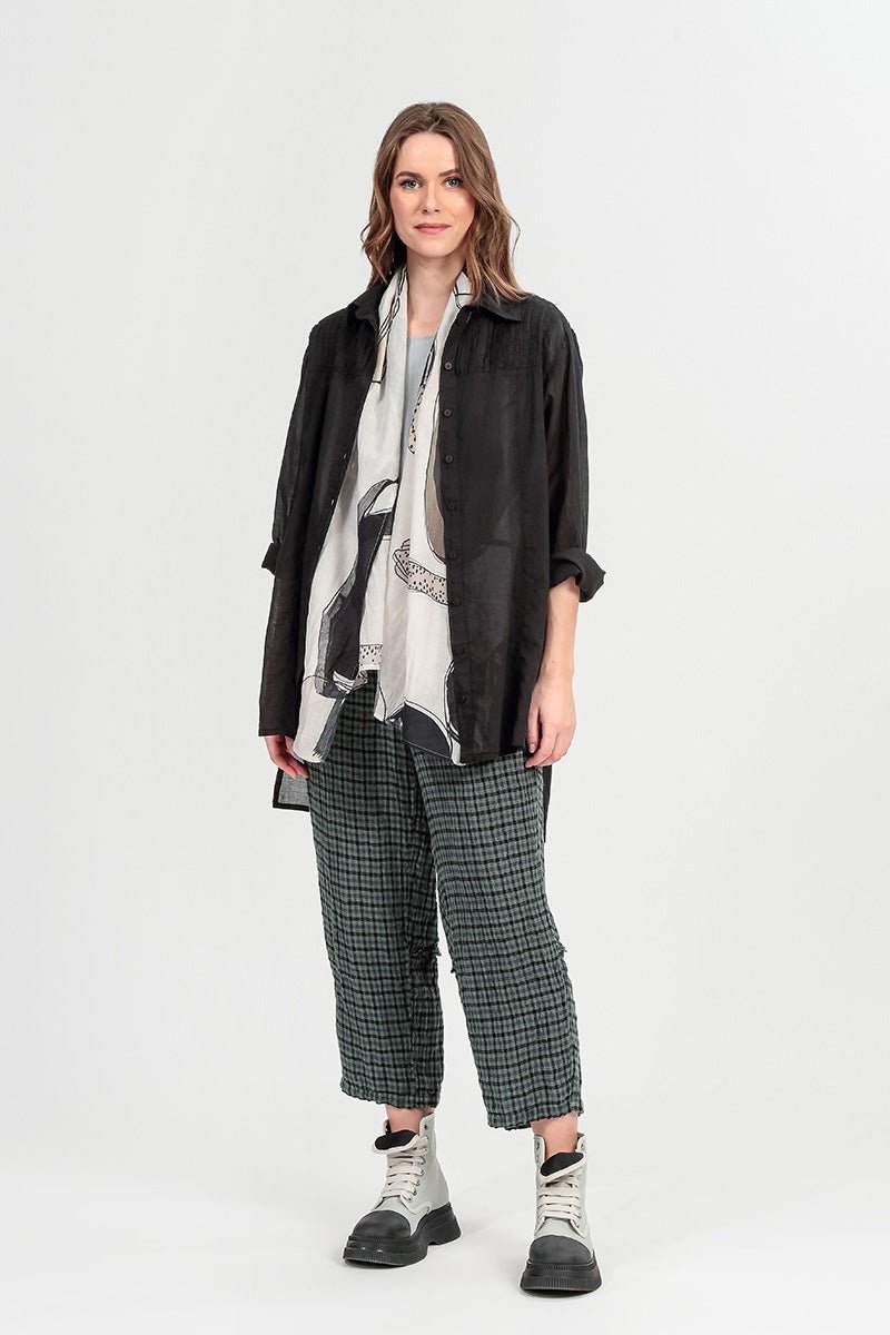 Straight Back Seam Sage Heritage Check Linen Trousers - RUTHERFORD & Co