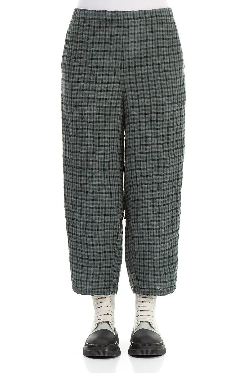 Straight Back Seam Sage Heritage Check Linen Trousers - RUTHERFORD & Co