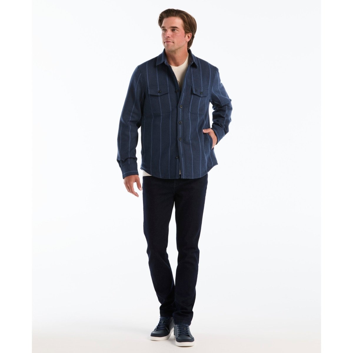 Striped Shirt Jacket In Dark Sapphire - RUTHERFORD & Co