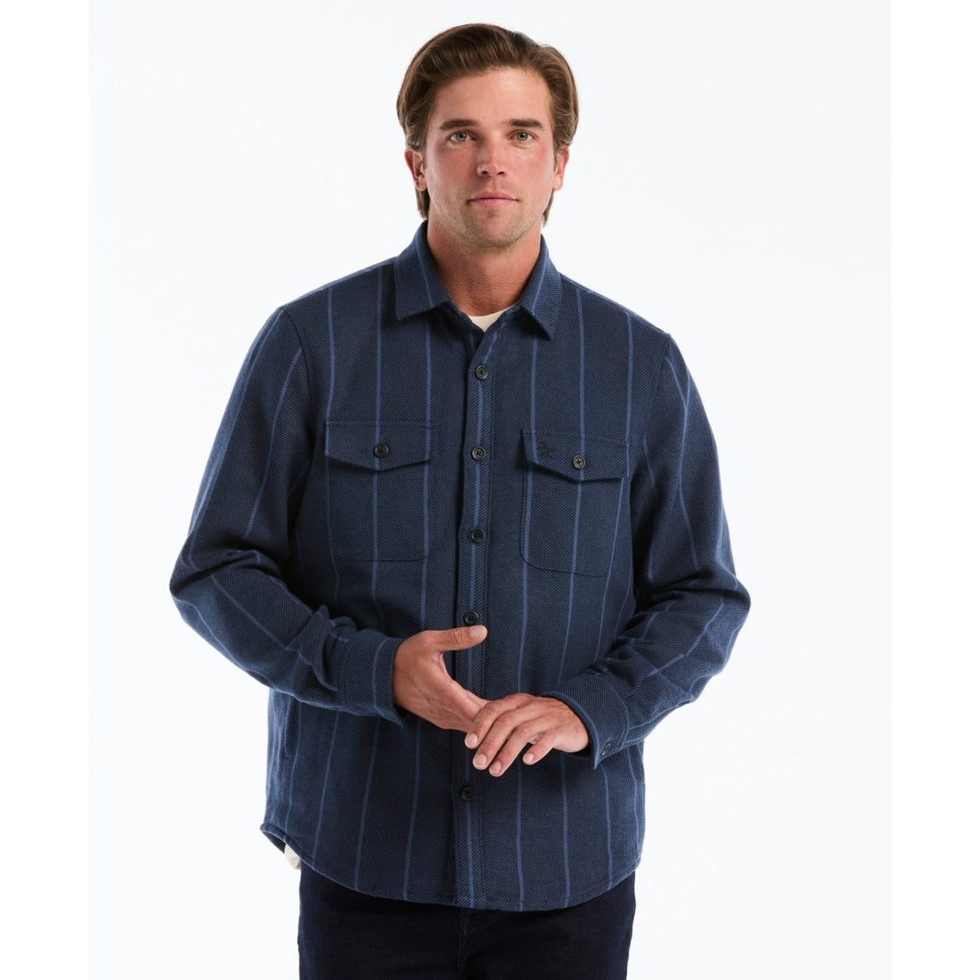 Striped Shirt Jacket In Dark Sapphire - RUTHERFORD & Co