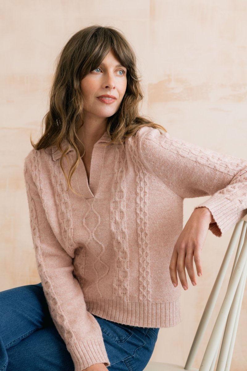 Studio Cable Knit Collared Jumper Antique Pink - RUTHERFORD & Co