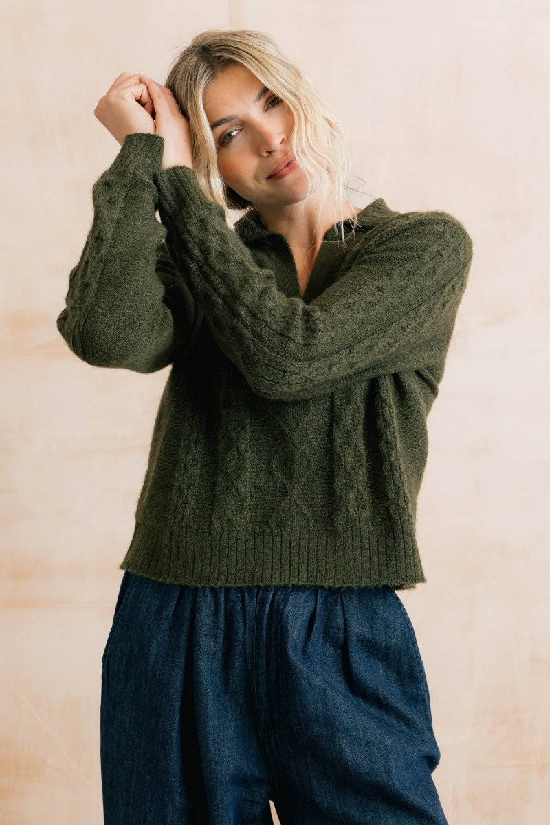 Studio Cable Knit Collared Jumper Dark Olive - RUTHERFORD & Co