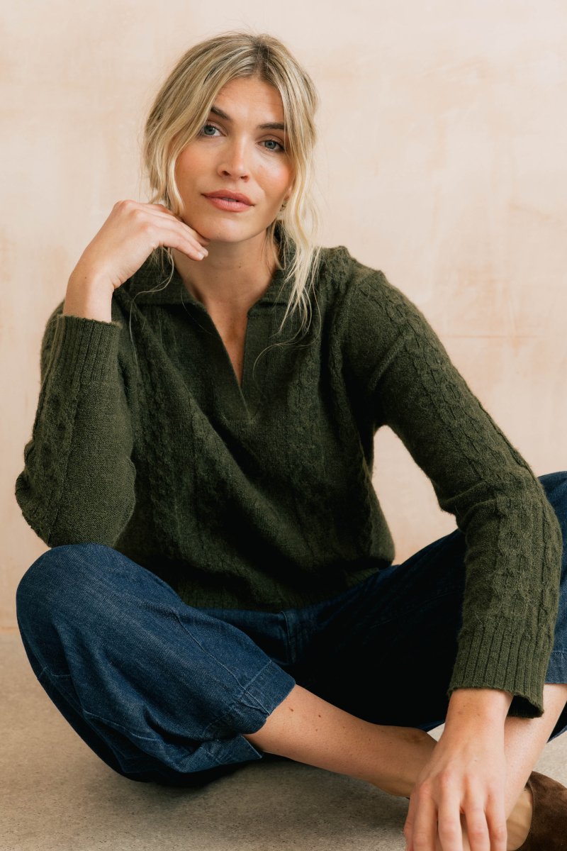 Studio Cable Knit Collared Jumper Dark Olive - RUTHERFORD & Co