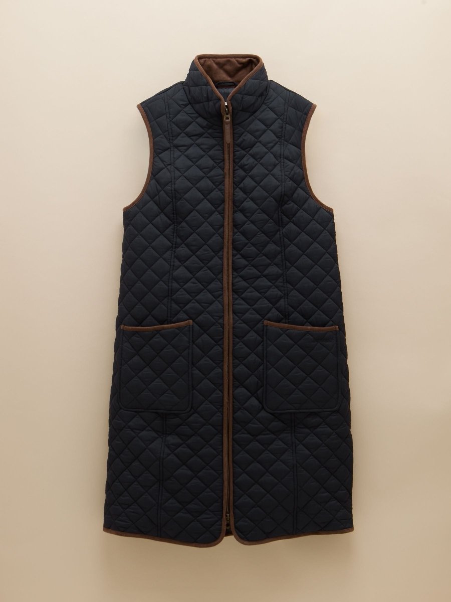 Sutton Navy Showerproof Longline Diamond Quilted Gilet - RUTHERFORD & Co