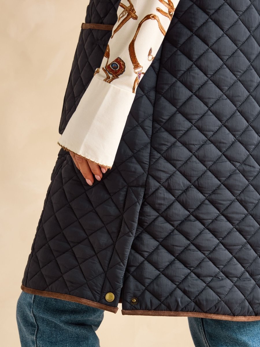 Sutton Navy Showerproof Longline Diamond Quilted Gilet - RUTHERFORD & Co