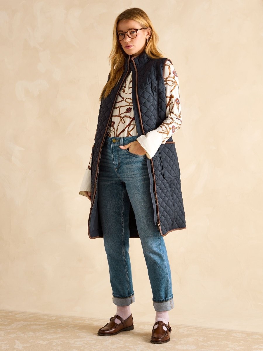 Sutton Navy Showerproof Longline Diamond Quilted Gilet - RUTHERFORD & Co