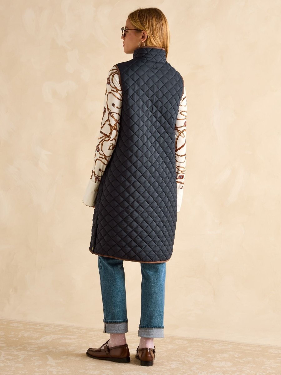 Sutton Navy Showerproof Longline Diamond Quilted Gilet - RUTHERFORD & Co