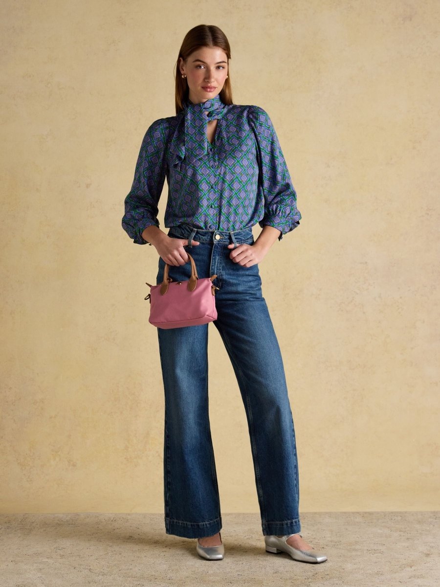 Tabby Blue/Green Tie Neck Long Sleeve Blouse with Button Fastening - RUTHERFORD & Co