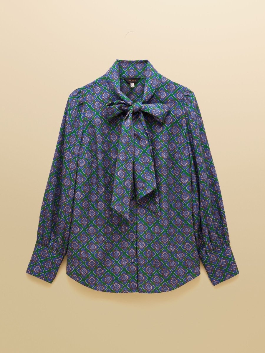 Tabby Blue/Green Tie Neck Long Sleeve Blouse with Button Fastening - RUTHERFORD & Co