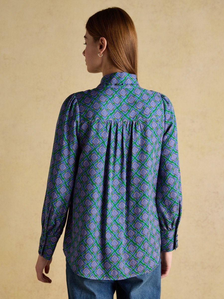 Tabby Blue/Green Tie Neck Long Sleeve Blouse with Button Fastening - RUTHERFORD & Co