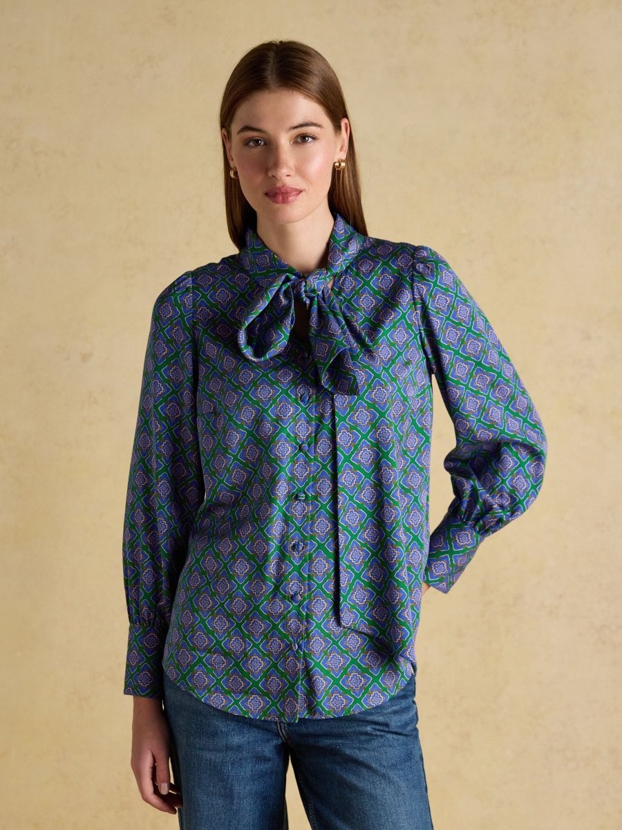 Tabby Blue/Green Tie Neck Long Sleeve Blouse with Button Fastening - RUTHERFORD & Co